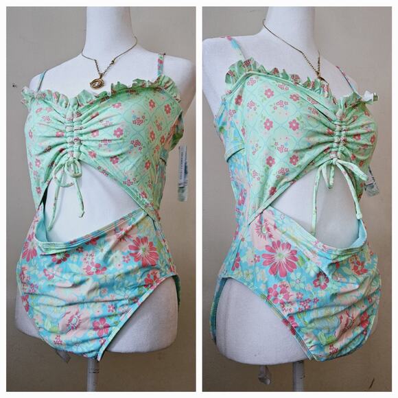 Size XL 15/17 Celebrity Pink Swim Multi-Colored Mismatched Floral One Piece - Picture 1 of 16